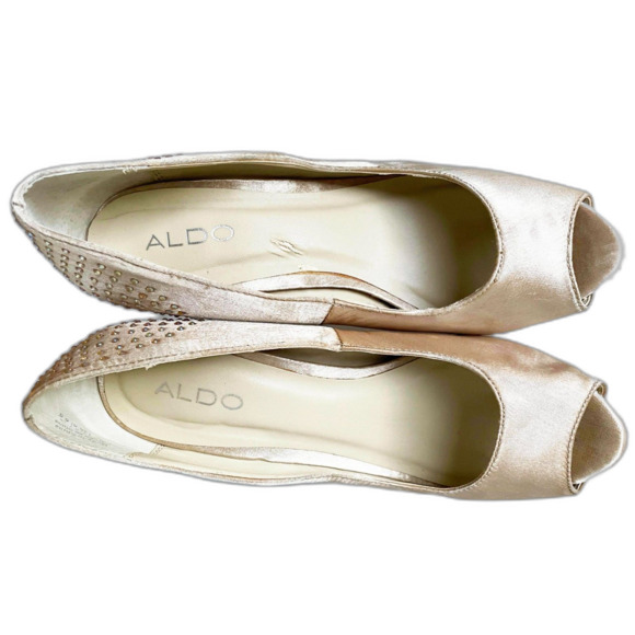 Aldo Gold Satin Rhinestone Peep Toe Platform Pumps Heels - Women's Size 8 - Picture 8 of 9